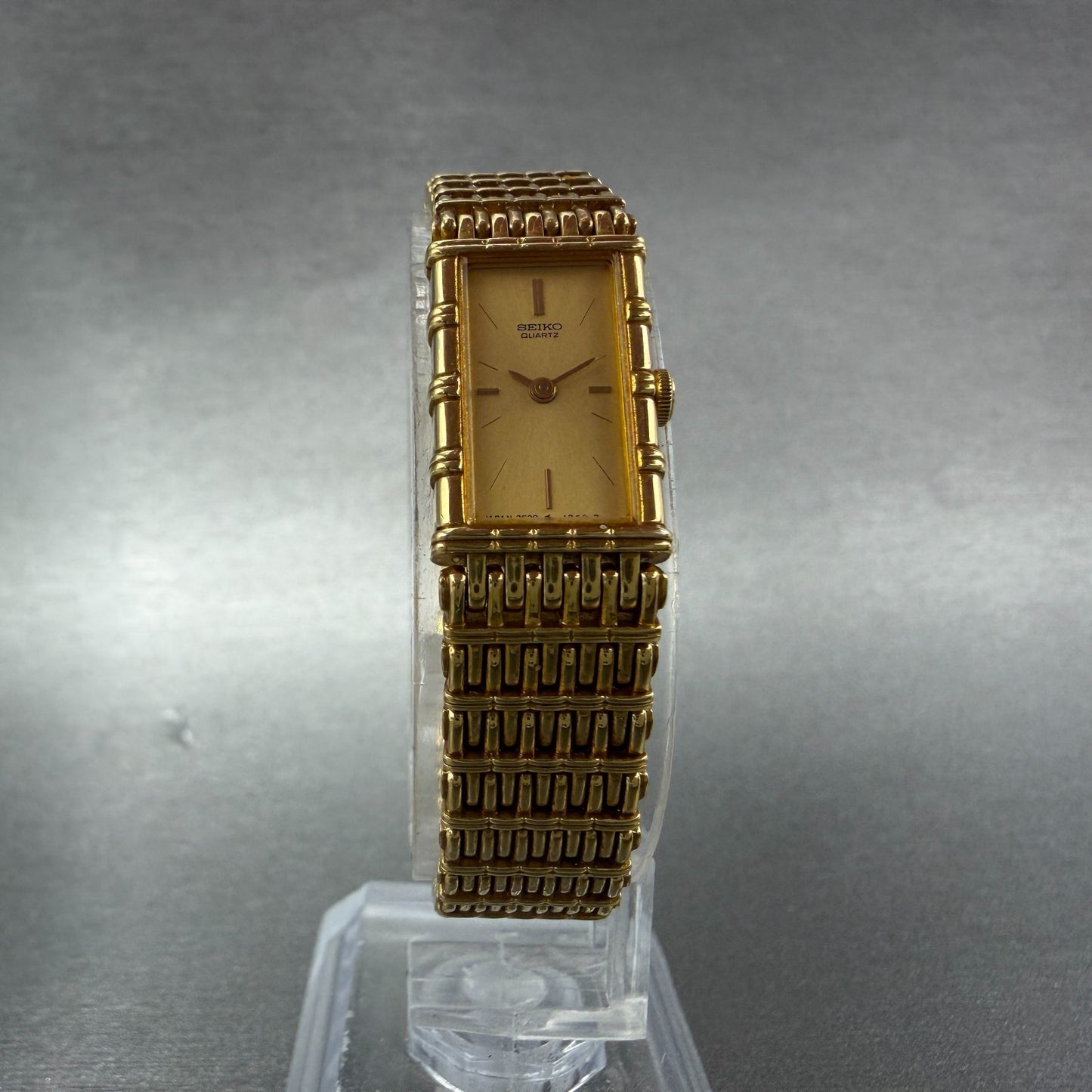 Seiko Tank Watch Women 12mm Champagne Dial Gold Tone 2e20-6109 New Battery 97KG5