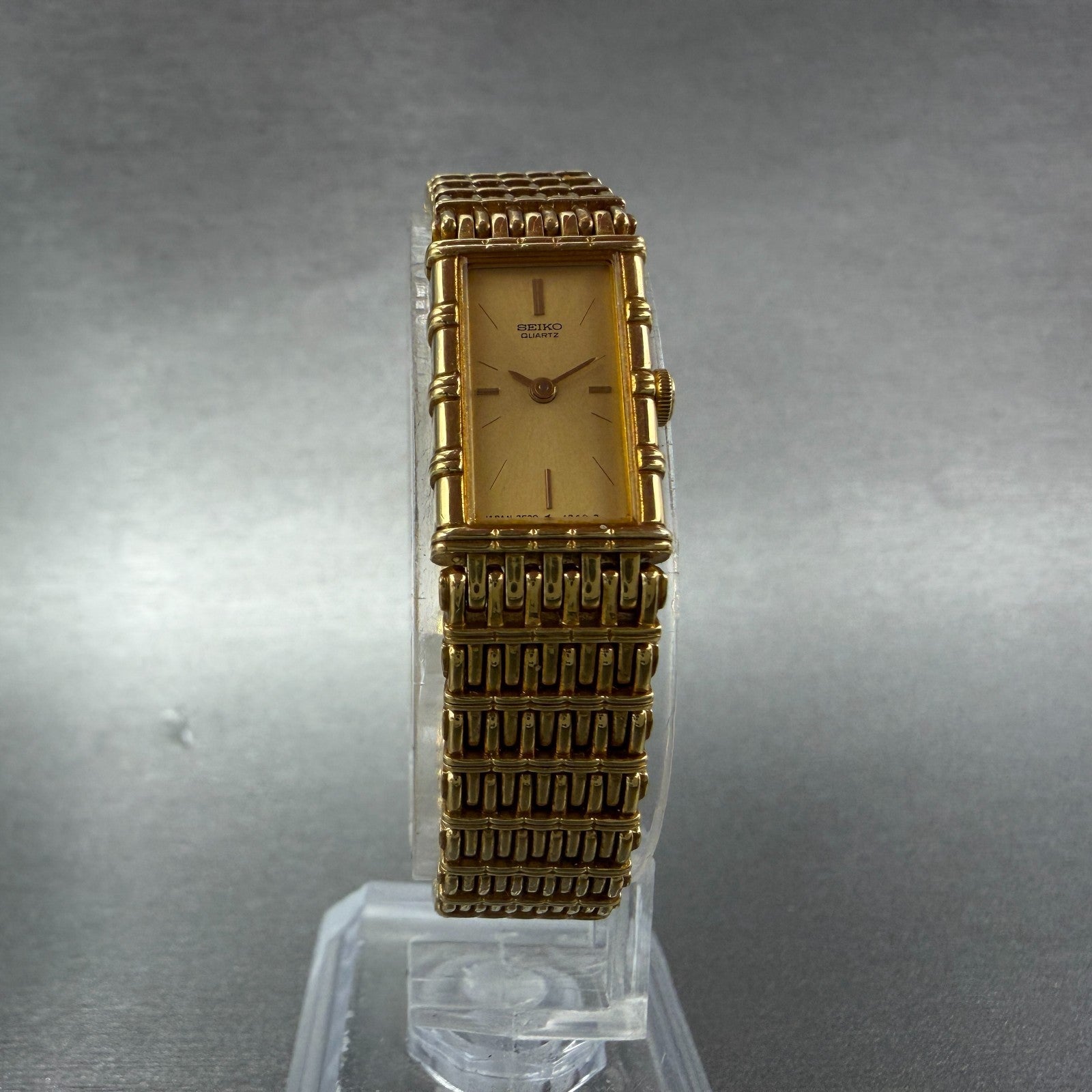 Seiko Tank Watch Women 12mm Champagne Dial Gold Tone 2e20-6109 New Battery 97KG5