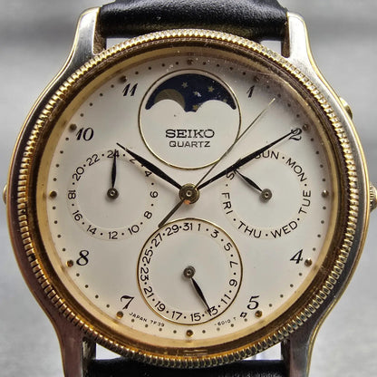Seiko Moon Phase Watch Men 34mm Ivory Dial Gold Tone Daydate 7F39-6029 New Batt1
