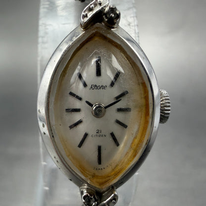 Citizen Rhone Watch Women 15mm Silver Dial White Gold Plated Oval Manual Runs AB1