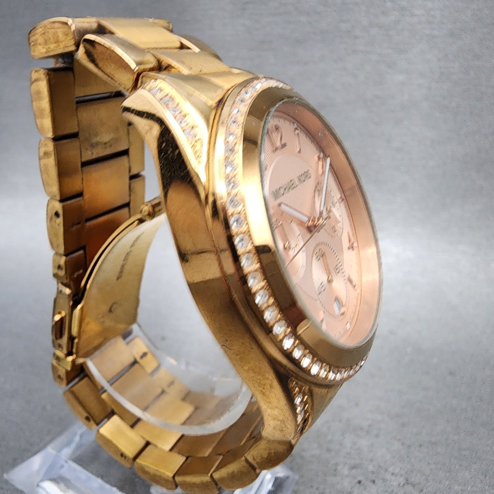 Michael Kors Blair Chronograph Watch Women 40mm Rose Dial Gold Tone Date New Bat3
