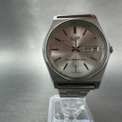 Seiko ALBA Watch Men 35mm Silver Dial Silver Tone Daydate V743-8A10 New Battery95