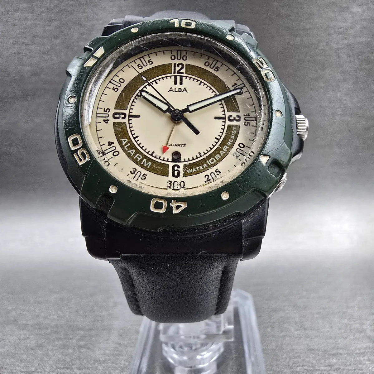 Seiko Alba Watch Men 38mm Cream Dial Black Green Alarm Round Y974-6A40 New Batt5