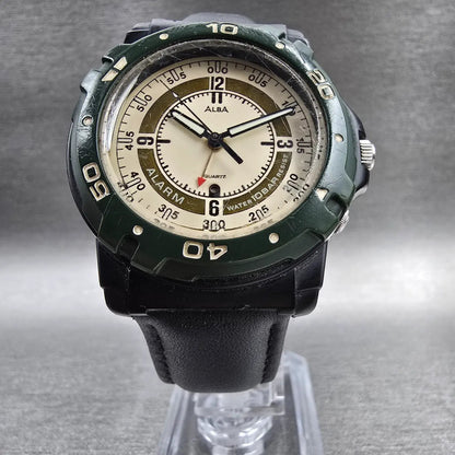 Seiko Alba Watch Men 38mm Cream Dial Black Green Alarm Round Y974-6A40 New Batt5