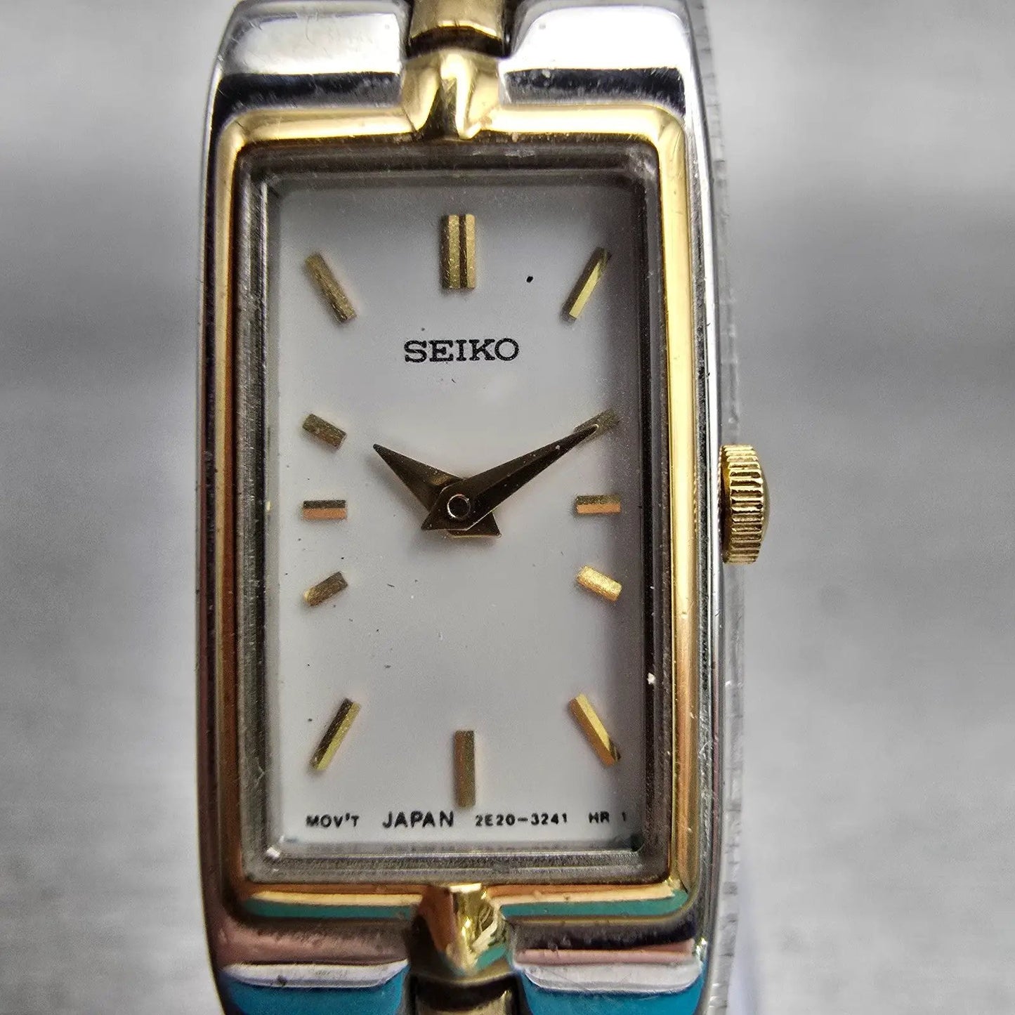 Seiko Watch Women 13mm White Dial Two Tone Rectangle 2E20-7479 New Battery VTG1