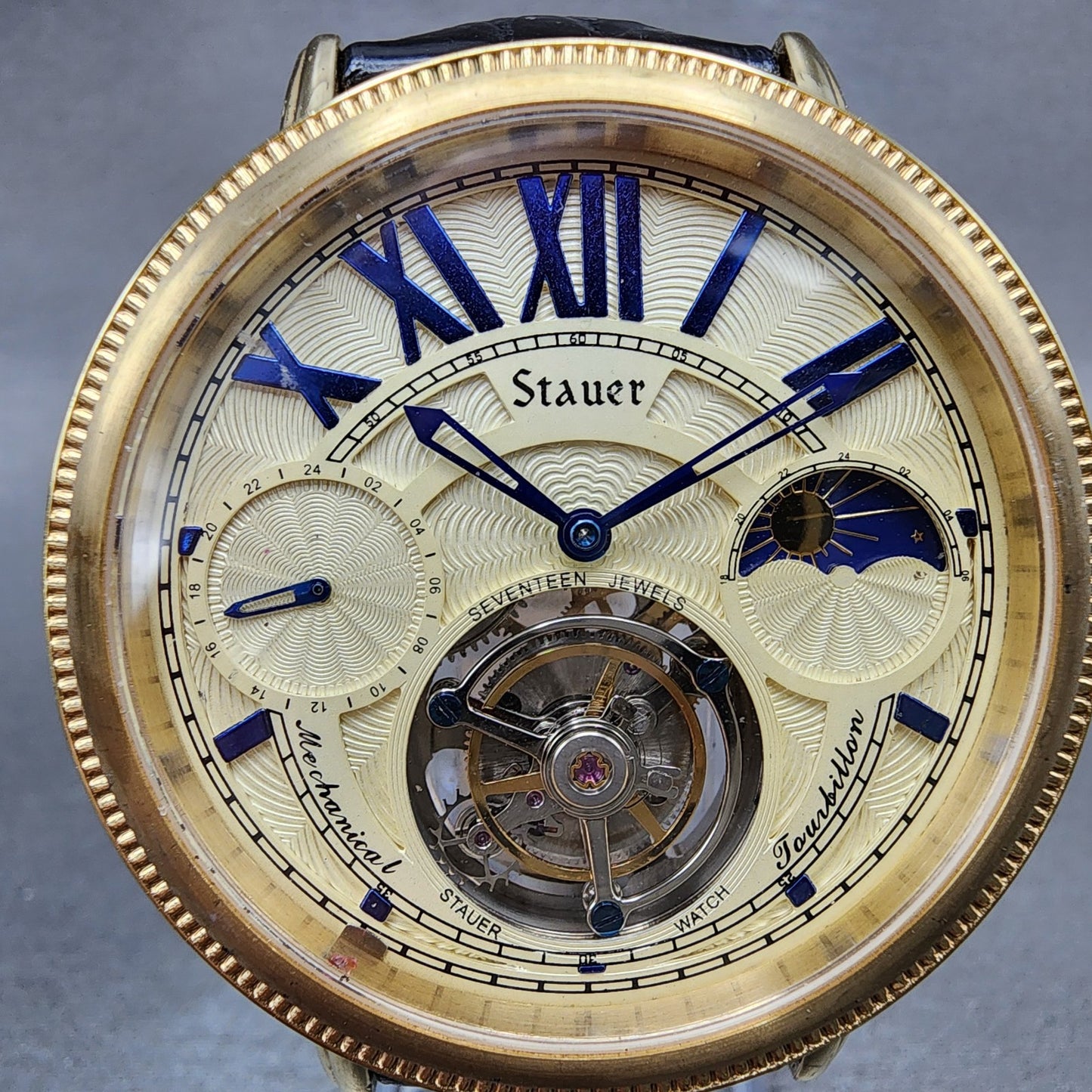 Stauer Tourbillon Watch Men 43mm Cream Dial Gold Tone Moonphase 18758 PARTS2