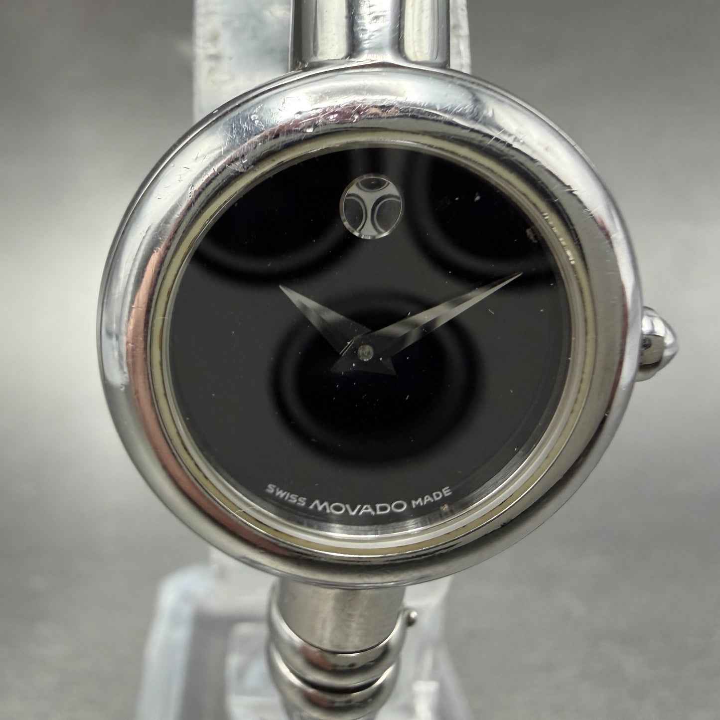 Movado Bareleto Watch Women 24mm Black Dial Stainless Steel Round Bangle NewBatH1