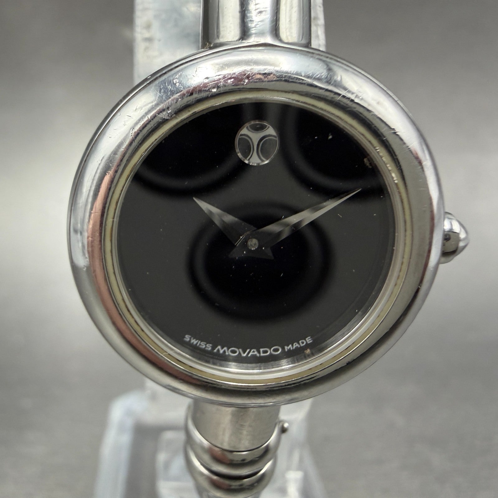 Movado Bareleto Watch Women 24mm Black Dial Stainless Steel Round Bangle NewBatH1