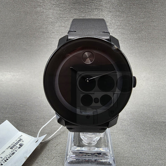Movado Bold Watch Men 42mm Black Dial Black Tone Round 3600306 Leather Band CHIP0