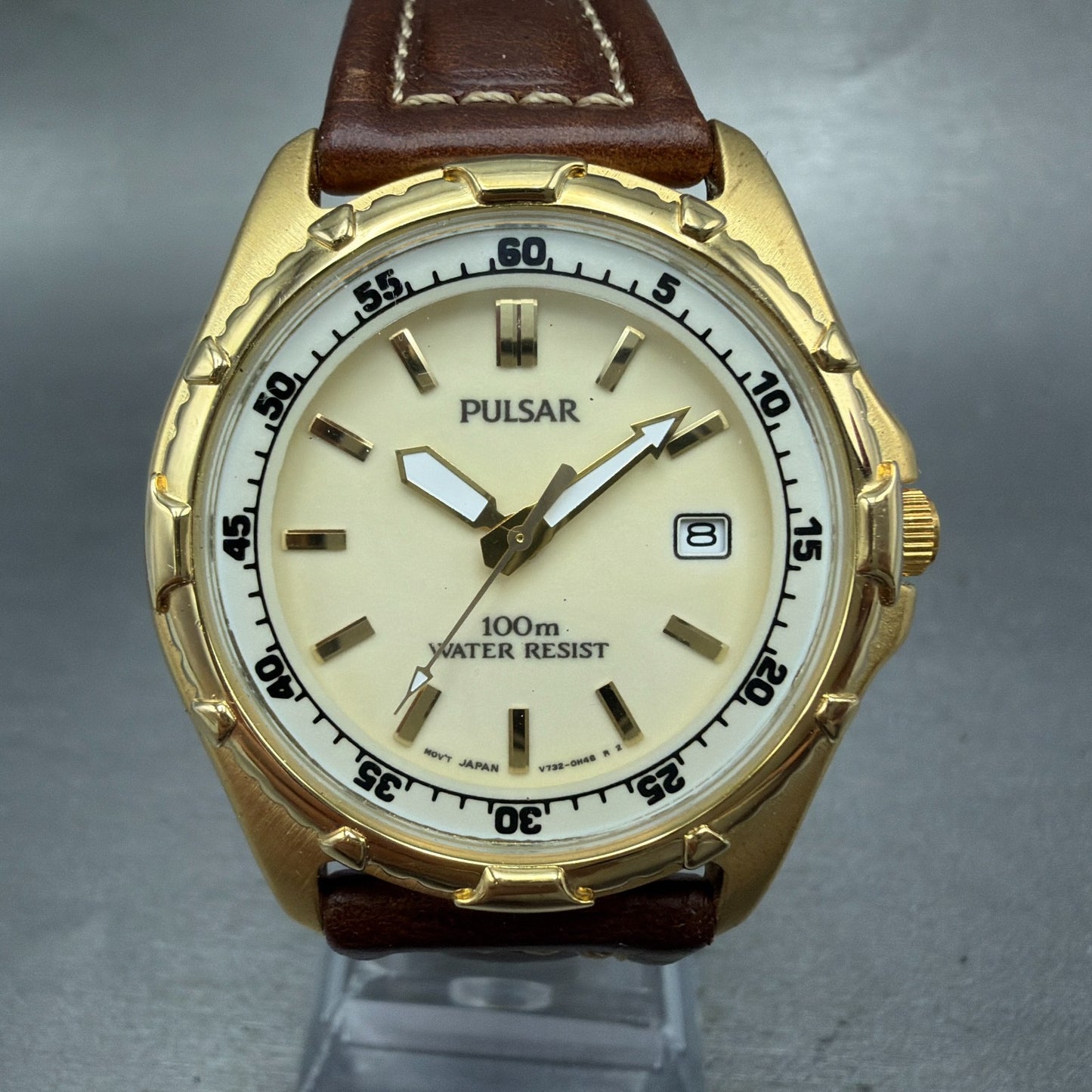 Pulsar Dive Watch Men 39mm Cream Dial Gold Tone Date V732-0E00 SAMPLE PARTS0