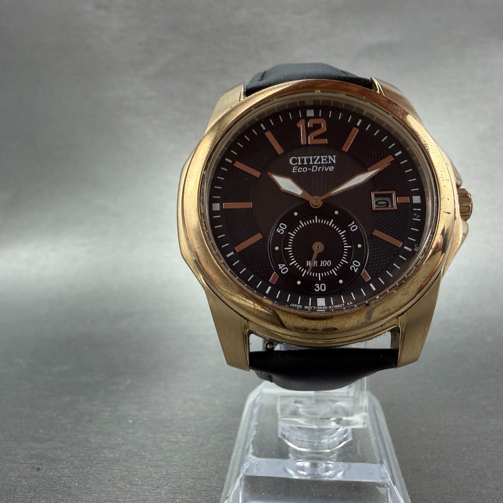 Citizen Eco-Drive Watch Men 42mm Black Dial Rose Gold Date Small Seconds Runs5