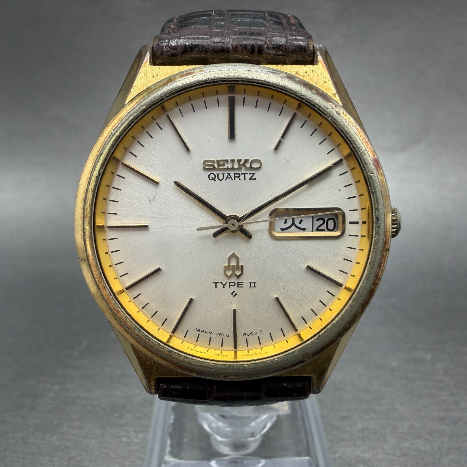 Seiko Type II Watch Men 35mm Silver Dial Gold Tone Daydate 7546-8000 New Battery0