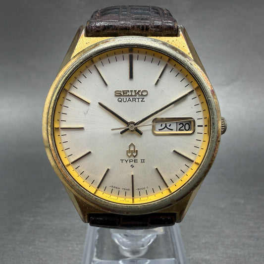 Seiko Type II Watch Men 35mm Silver Dial Gold Tone Daydate 7546-8000 New Battery0