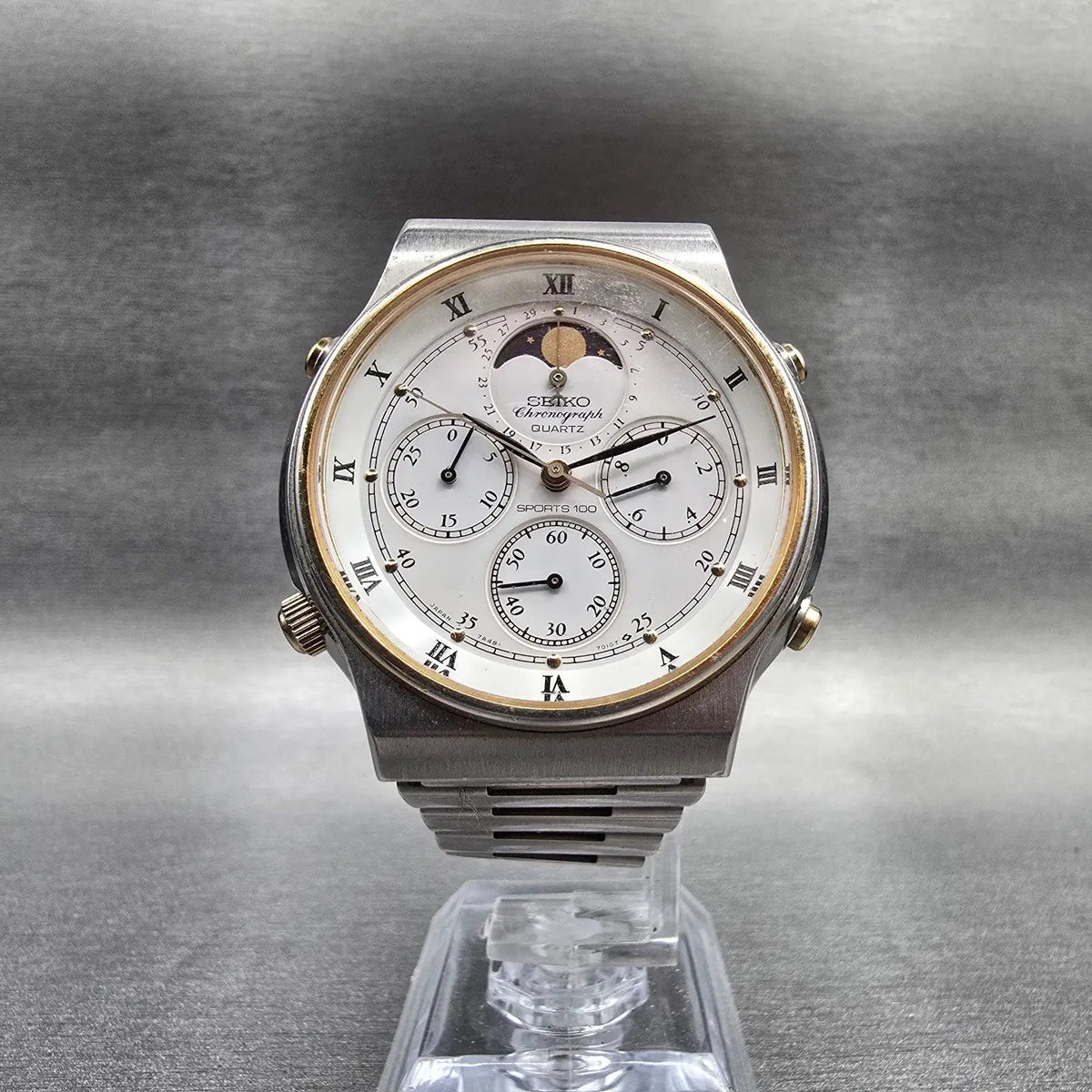 Seiko Sports 100 Watch Men 39mm White Dial Chrono Moon Phase 7A48-7009 New Batt5