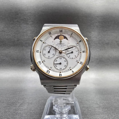 Seiko Sports 100 Watch Men 39mm White Dial Chrono Moon Phase 7A48-7009 New Batt5