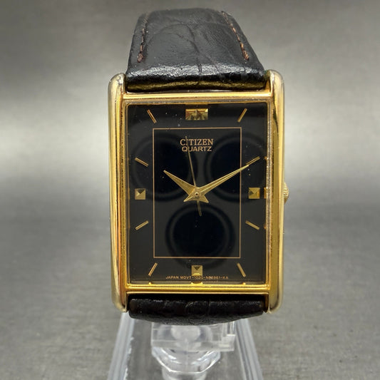 Citizen Tank Watch Men 24mm Black Dial Gold Tone 1030-S63821 New Battery Vinatge0