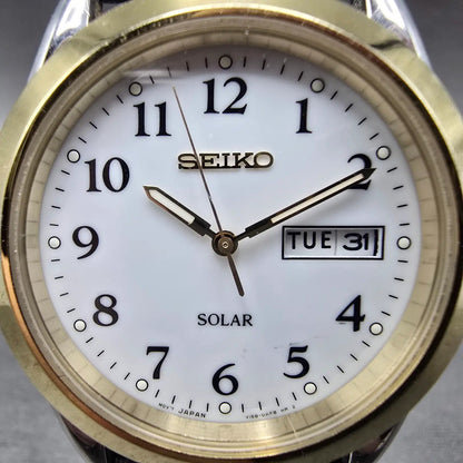 Seiko Solar Watch Men 37mm White Dial Two Tone Daydate Round V158-0AB0 Runs JP1