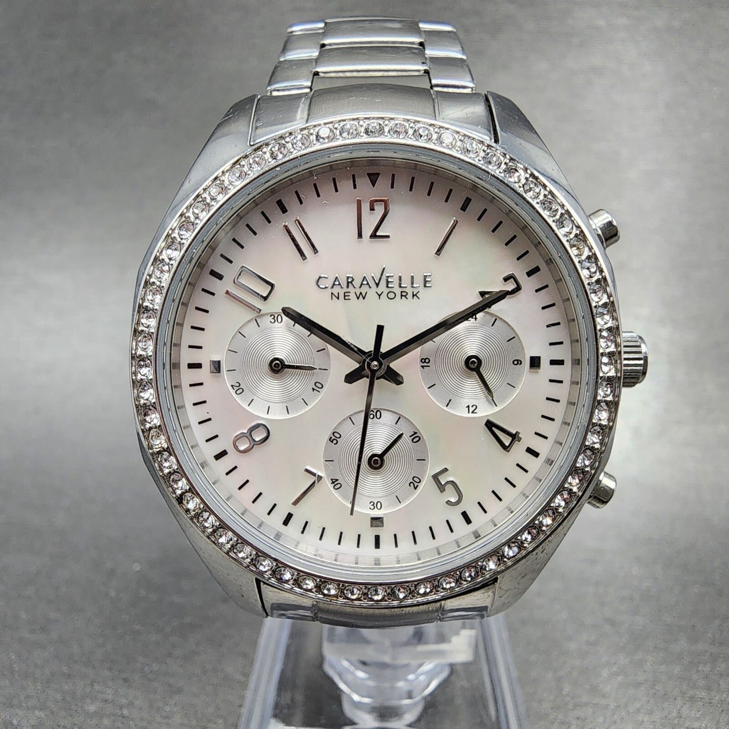 Bulova Caravelle Chronograph Watch Women 37mm MOP Dial Steel Round New Battery0