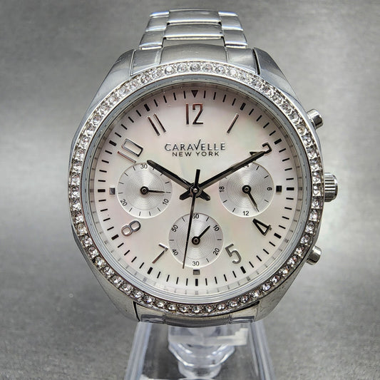 Bulova Caravelle Chronograph Watch Women 37mm MOP Dial Steel Round New Battery0
