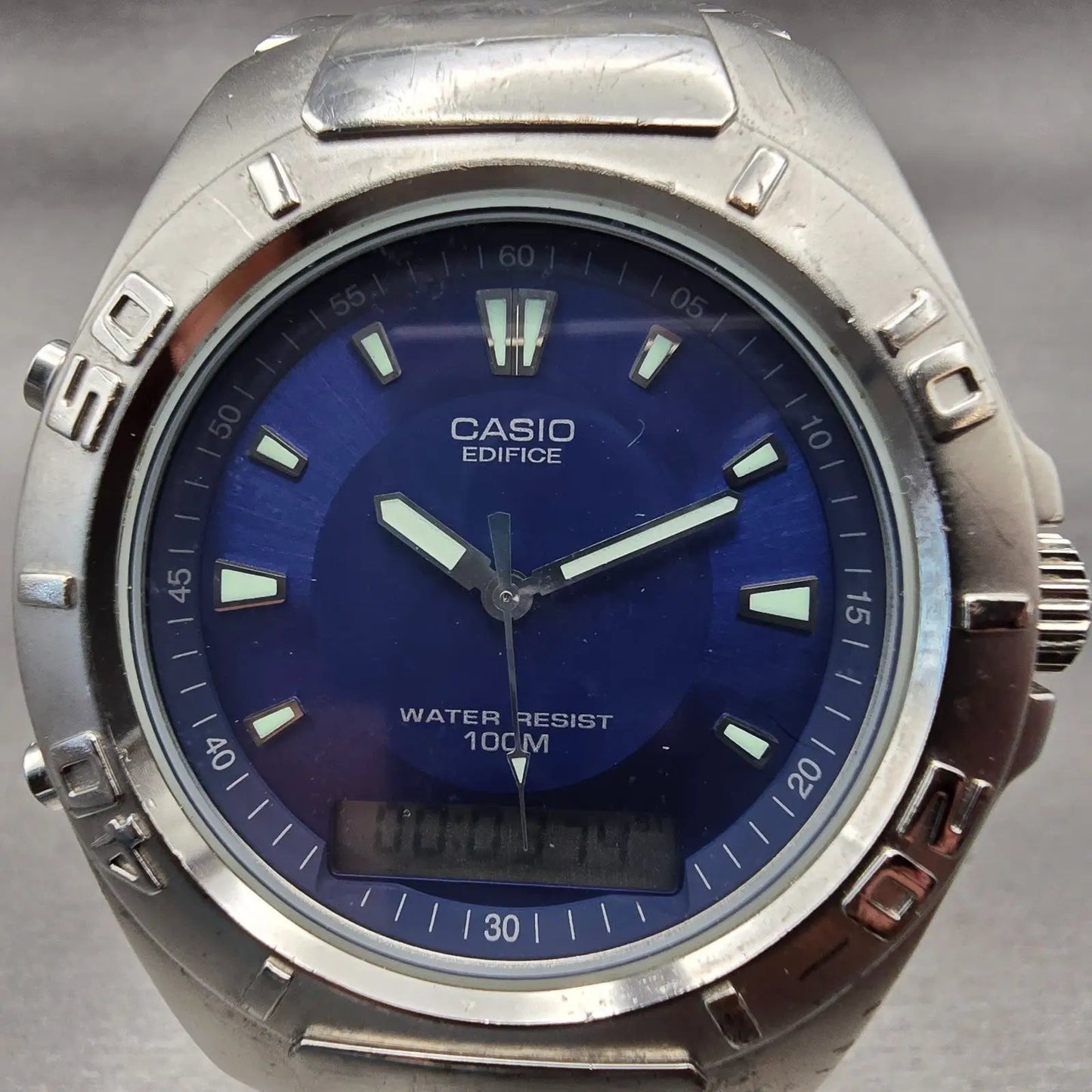 Casio Edifice Watch Men 43mm Blue Dial Silver Tone Daydate Round EFA-106 New Bat1