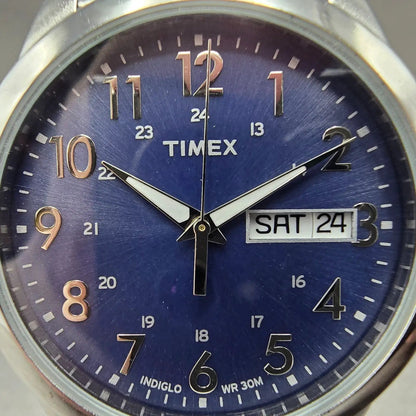 Timex South Street Watch Men 36mm Blue Dial Silver Tone Daydate T2M933 New Battj1