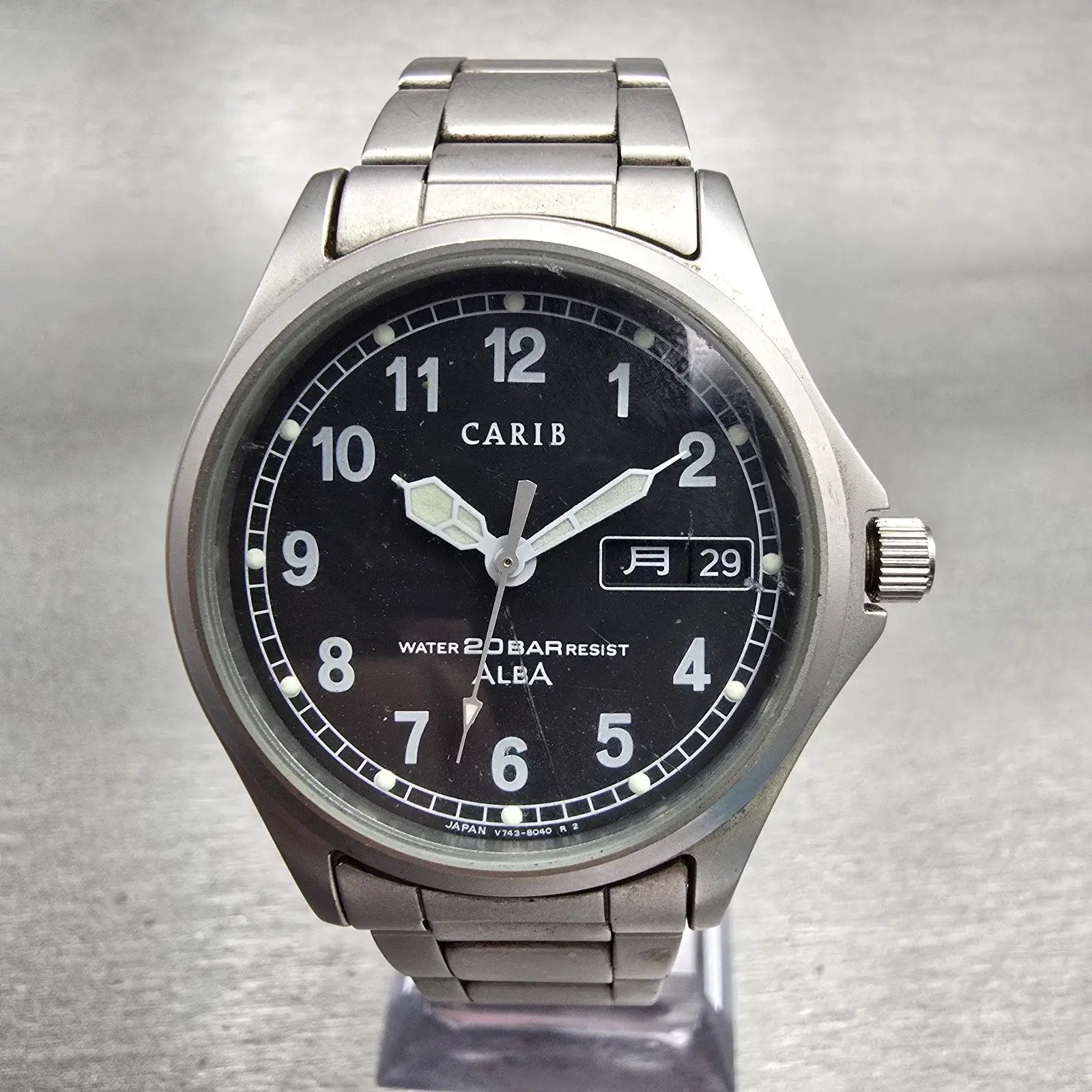 Seiko Alba Carib Watch Men 35mm Black Dial Silver Tone Daydate V743-8000 New Bat0