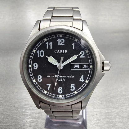 Seiko Alba Carib Watch Men 35mm Black Dial Silver Tone Daydate V743-8000 New Bat0