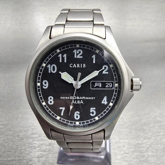 Seiko Alba Carib Watch Men 35mm Black Dial Silver Tone Daydate V743-8000 New Bat0