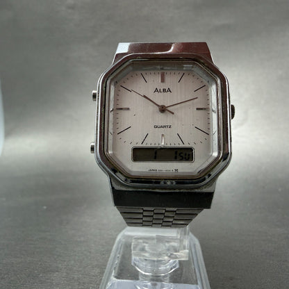 Seiko ALBA Watch Men 32mm Silver Dial Steel Analog Digital Alarm Chrono NewBat5