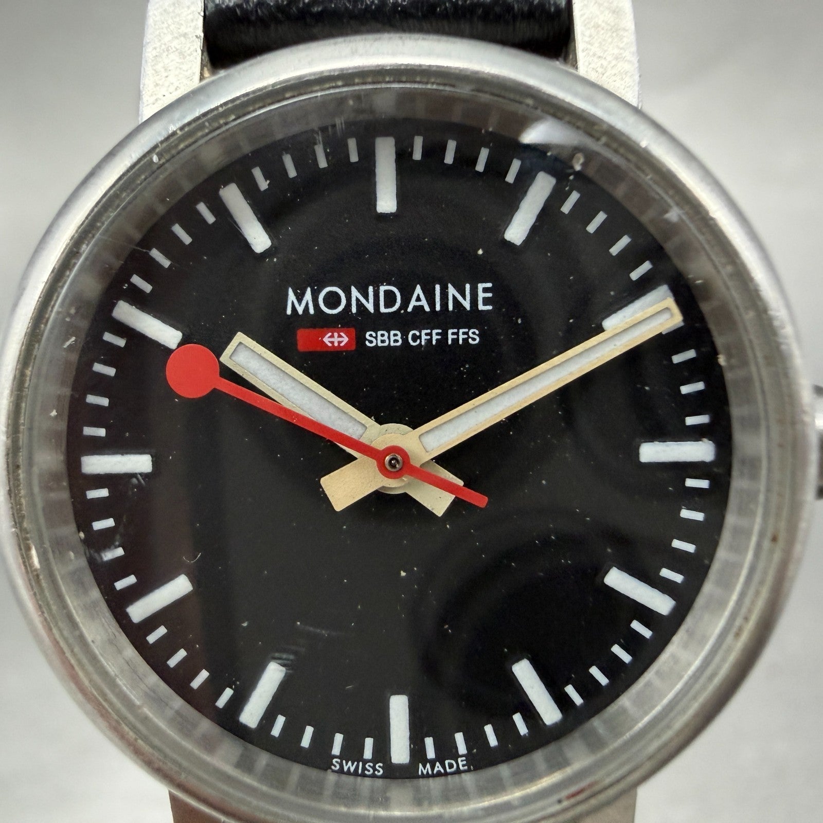 Mondaine Watch Women 26mm Black Dial Silver Tone Round Leather New Battery1