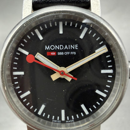 Mondaine Watch Women 26mm Black Dial Silver Tone Round Leather New Battery1