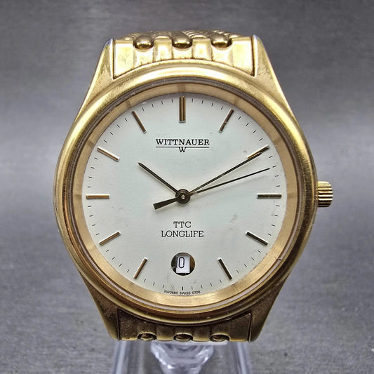 Wittnauer TTC Longlife Watch Men 35mm White Dial Gold Tone Date KW0550 0705 PART0