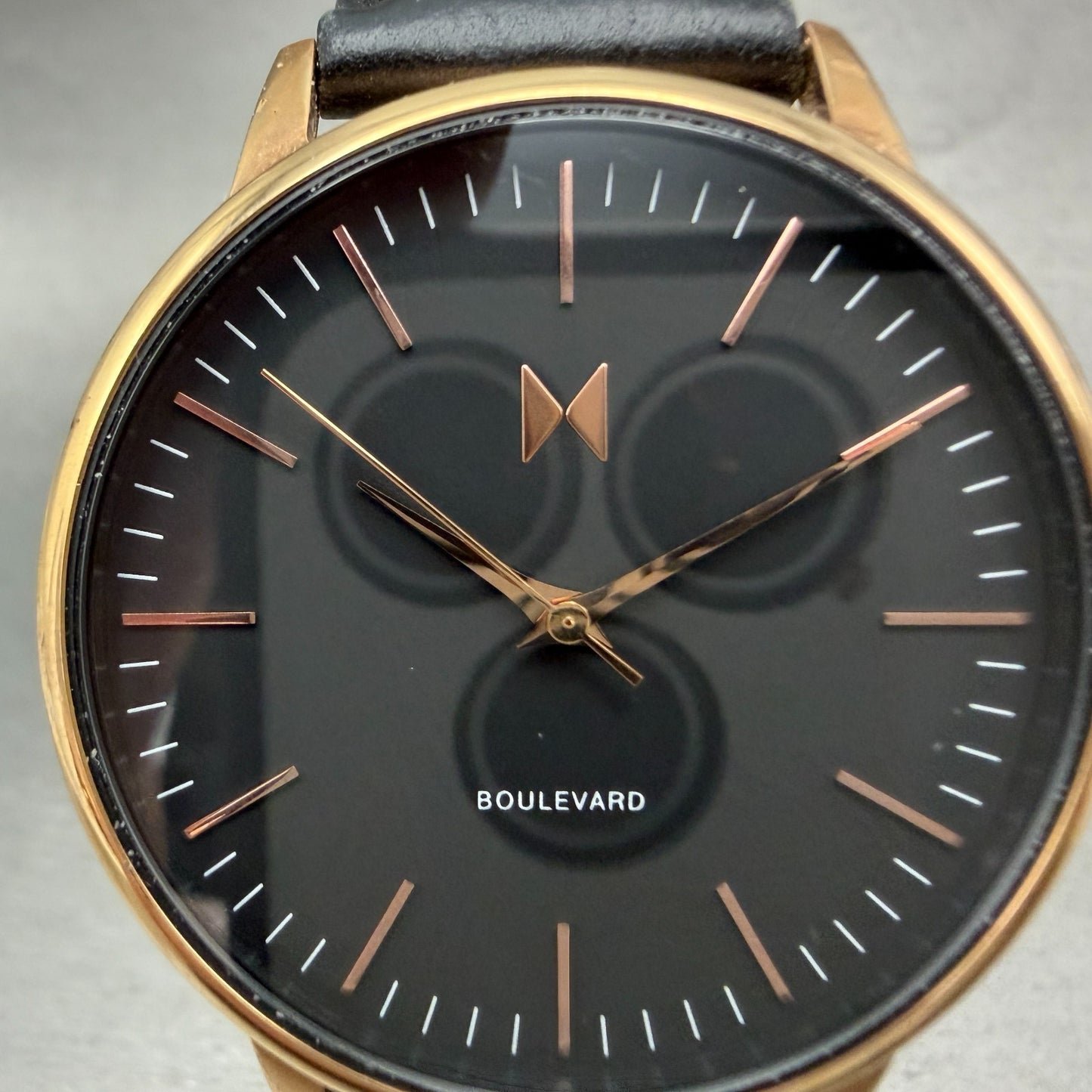 MVMT Boulevard Watch Women 38mm Black Dial Rose Gold Tone Leather New Battery P1