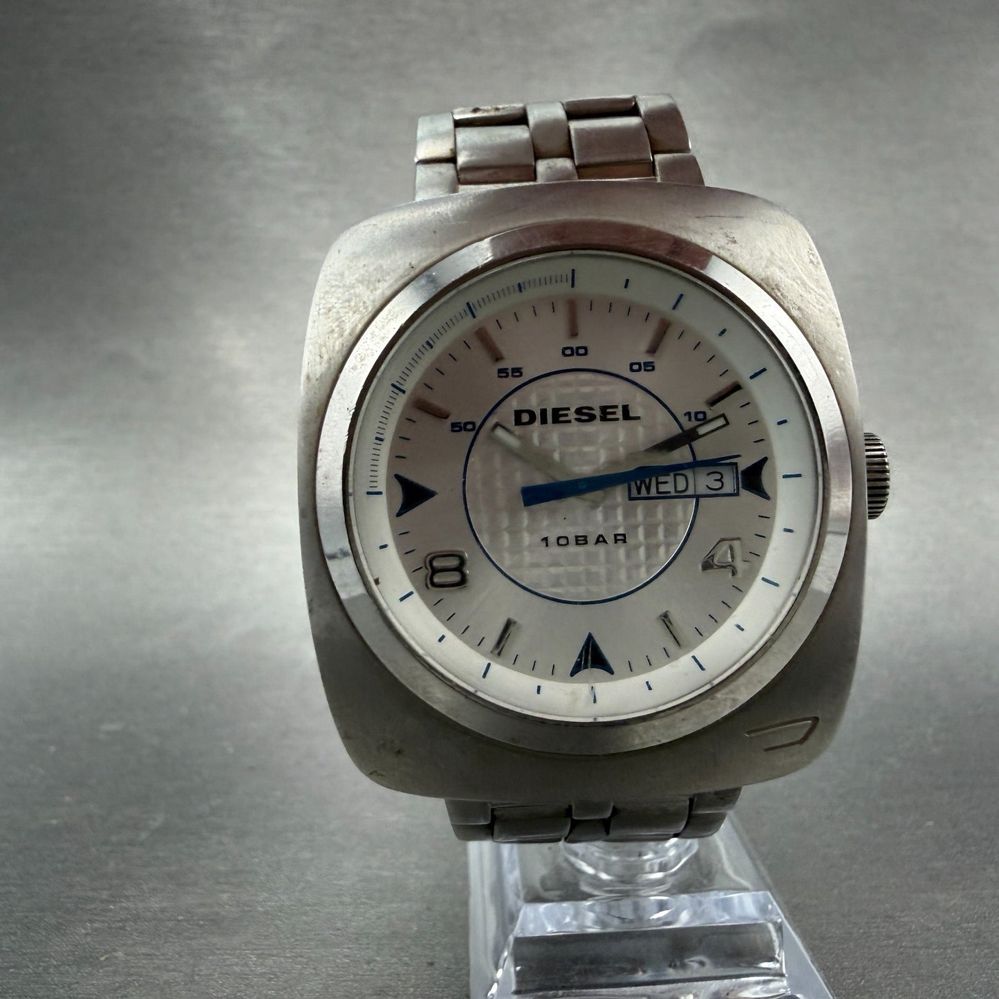 Diesel Watch Men 43mm White Dial Silver Tone Daydate Round DZ-1184 New battery5