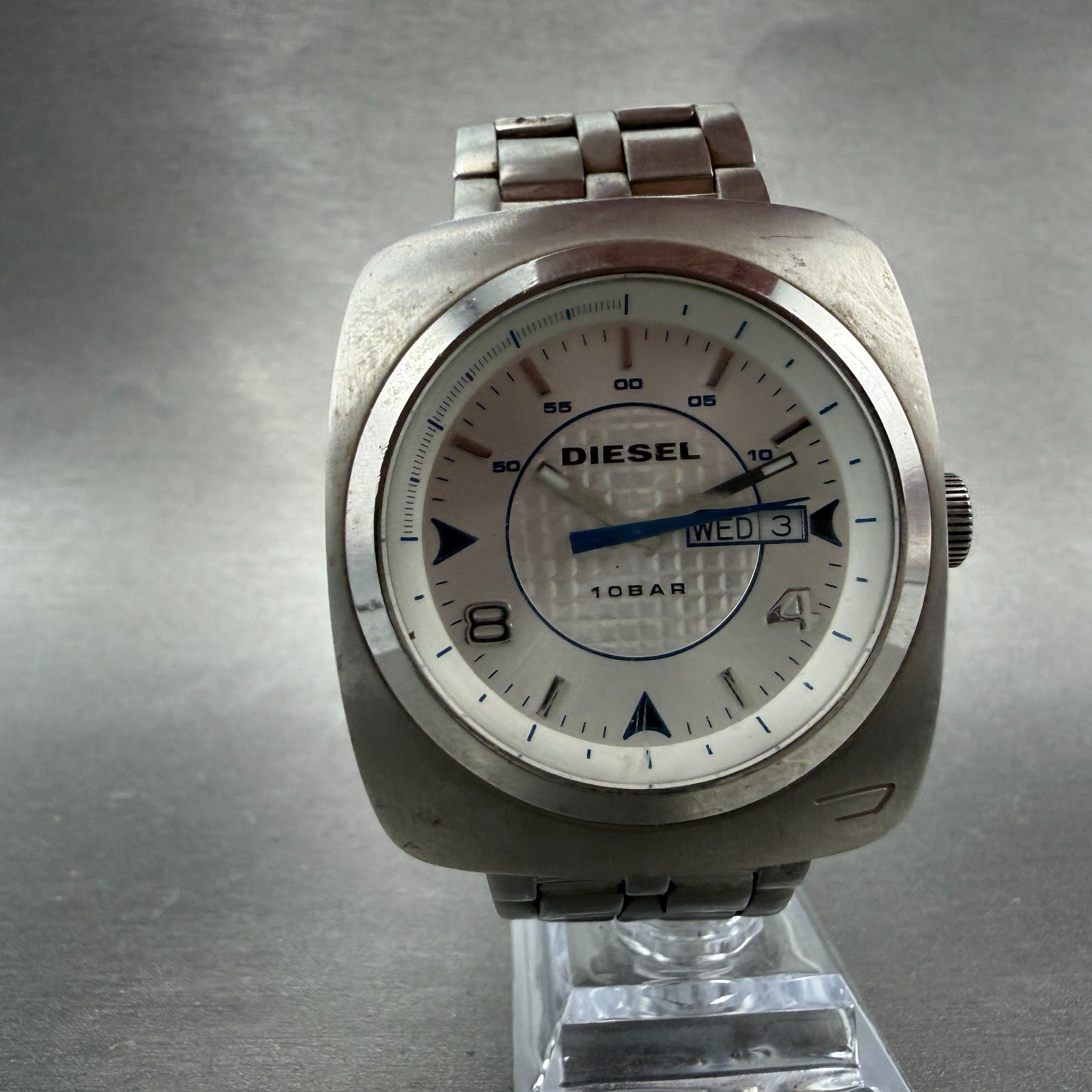 Diesel Watch Men 43mm White Dial Silver Tone Daydate Round DZ-1184 New battery5