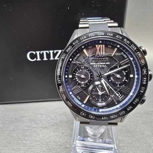 Citizen Attesa Watch Men 44mm Black Dial Titanium Date GPS Chronograph CC4066-690