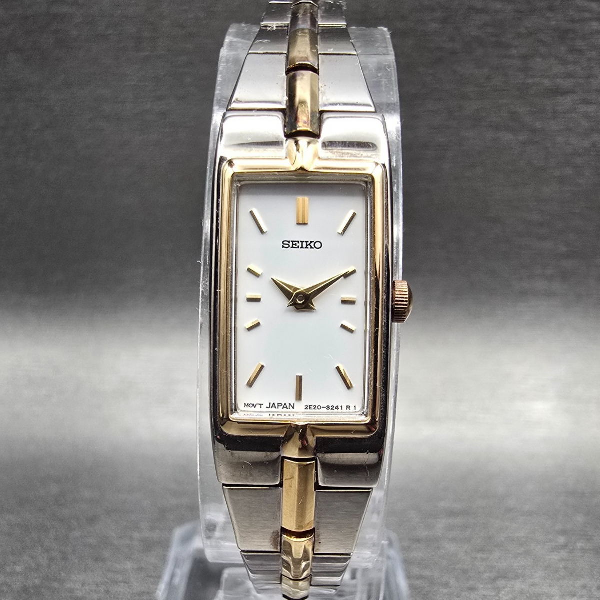 Seiko Tank Watch Women 13mm White Dial Two Tone Rectangle 2E20-0AY0 New Battery0