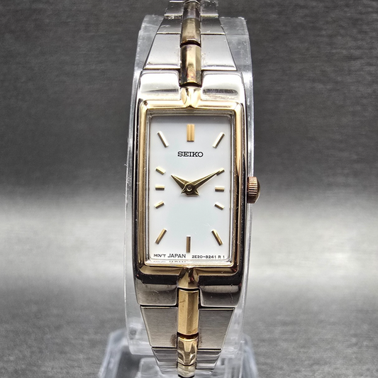 Seiko Tank Watch Women 13mm White Dial Two Tone Rectangle 2E20-0AY0 New Battery0