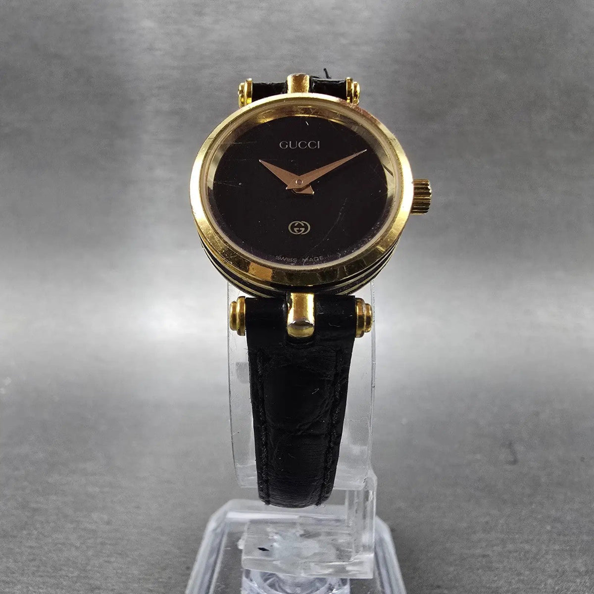Gucci 2000L Watch Women 22mm Black Dial Gold Plated Round New Battery VTG SW5