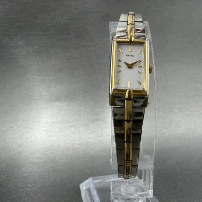 Seiko Watch Women 13mm White Dial Two Tone Rectangle 2E20-7479 New Batt C3215