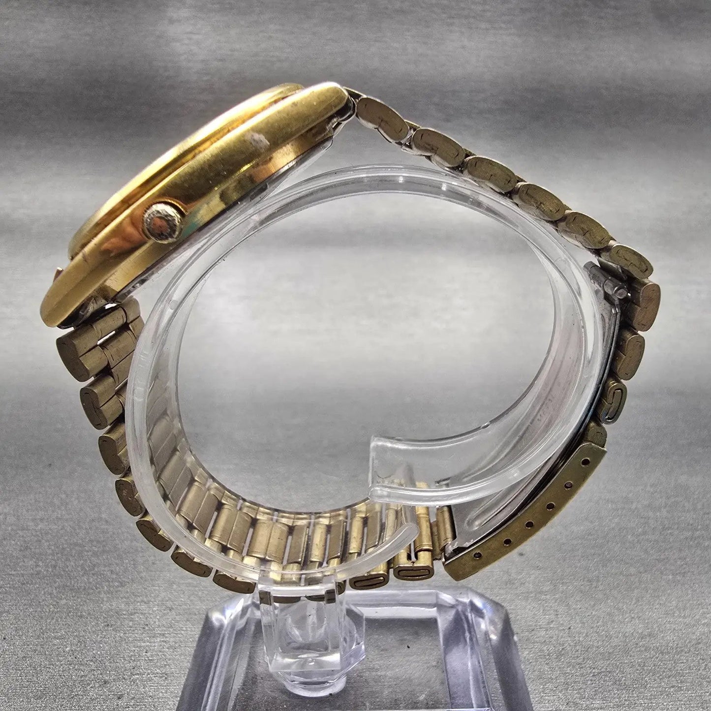Seiko Watch Men 35mm Gold Dial Gold Tone Daydate Round 7N43-7A50 New Battery VTG6