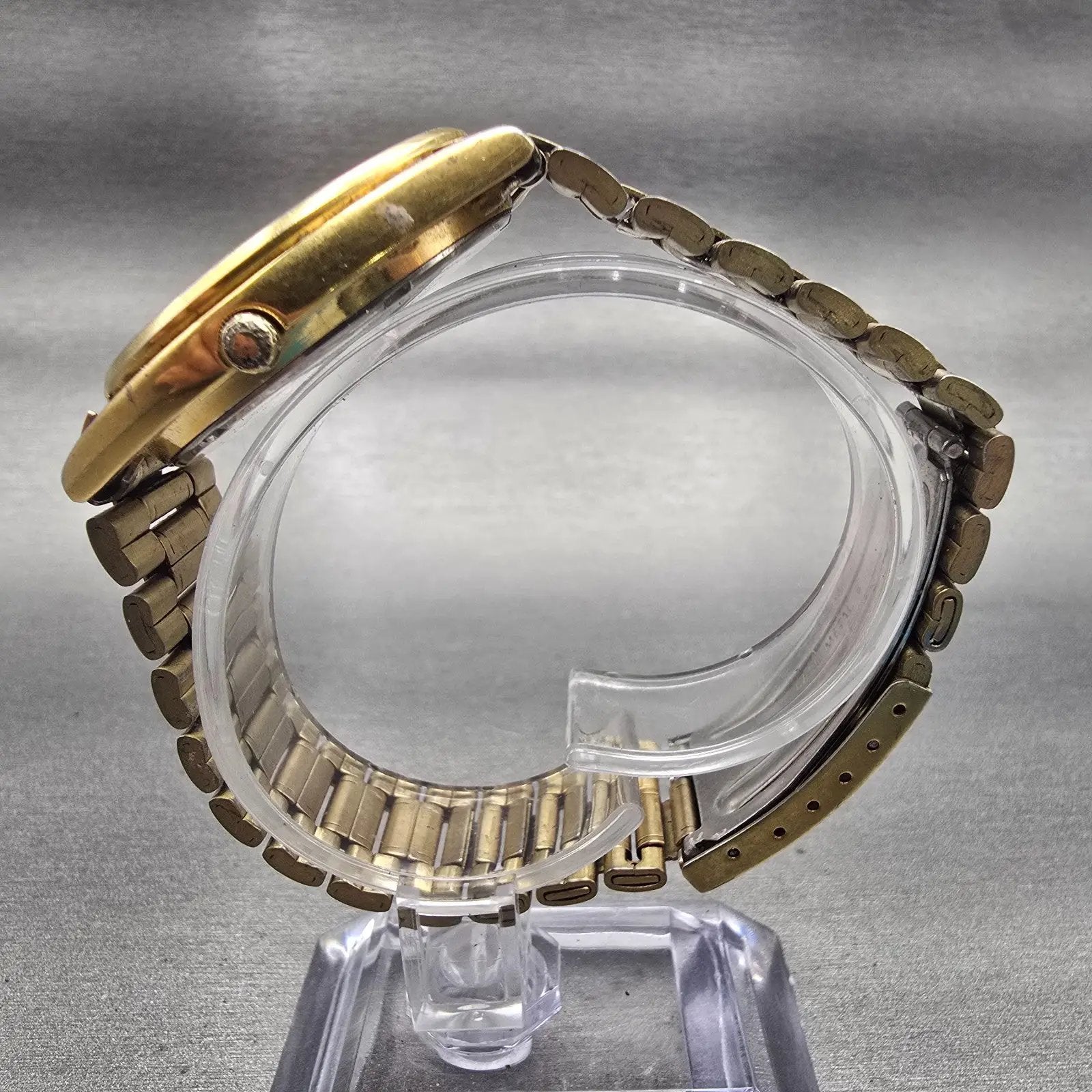 Seiko Watch Men 35mm Gold Dial Gold Tone Daydate Round 7N43-7A50 New Battery VTG6