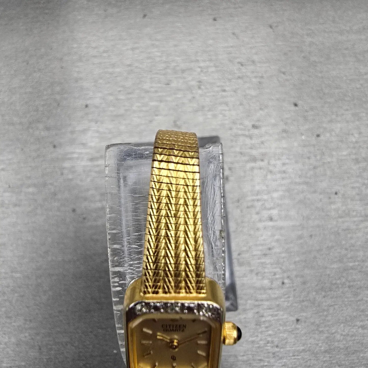 Citizen CQ Watch Women 12mm Gold Dial Gold Tone Gemmed Rectangle 2250 New Batt4