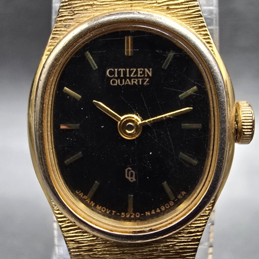 Citizen CQ Watch Women 16mm Black Dial Gold Tone Oval 5920-S49615 New Battery 841