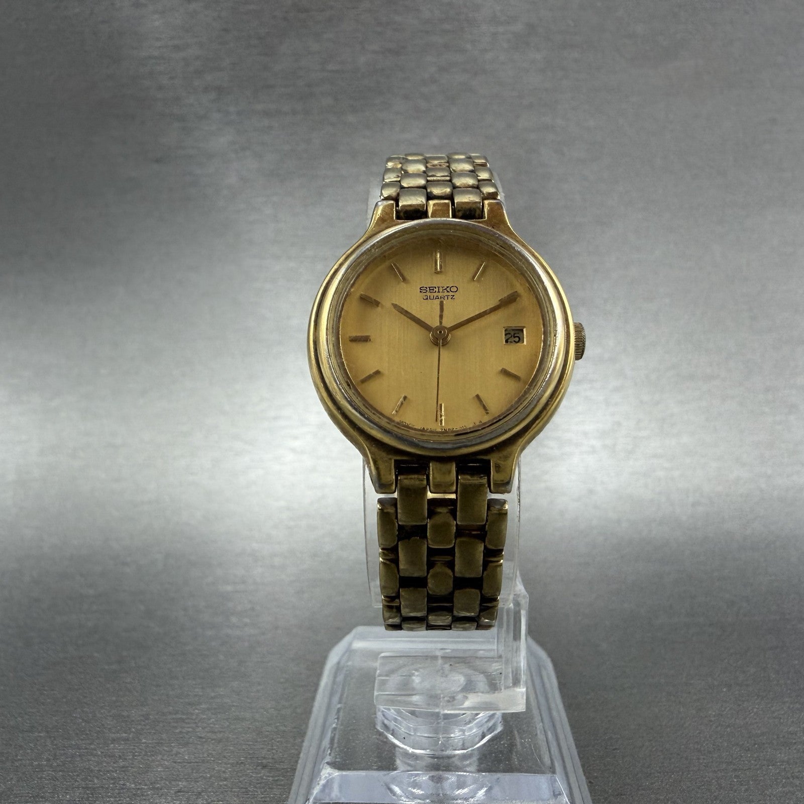 Seiko Watch Women 24mm Gold Dial Gold Tone Date Round 7N82-0071 New Battery ABC5