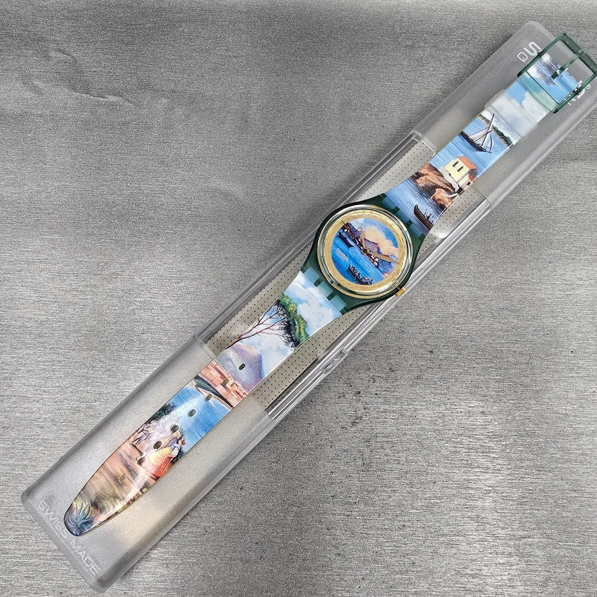 Swatch Sole Mio Watch Men 34mm Blue Dial Green Case GM124 New Battery NOS13