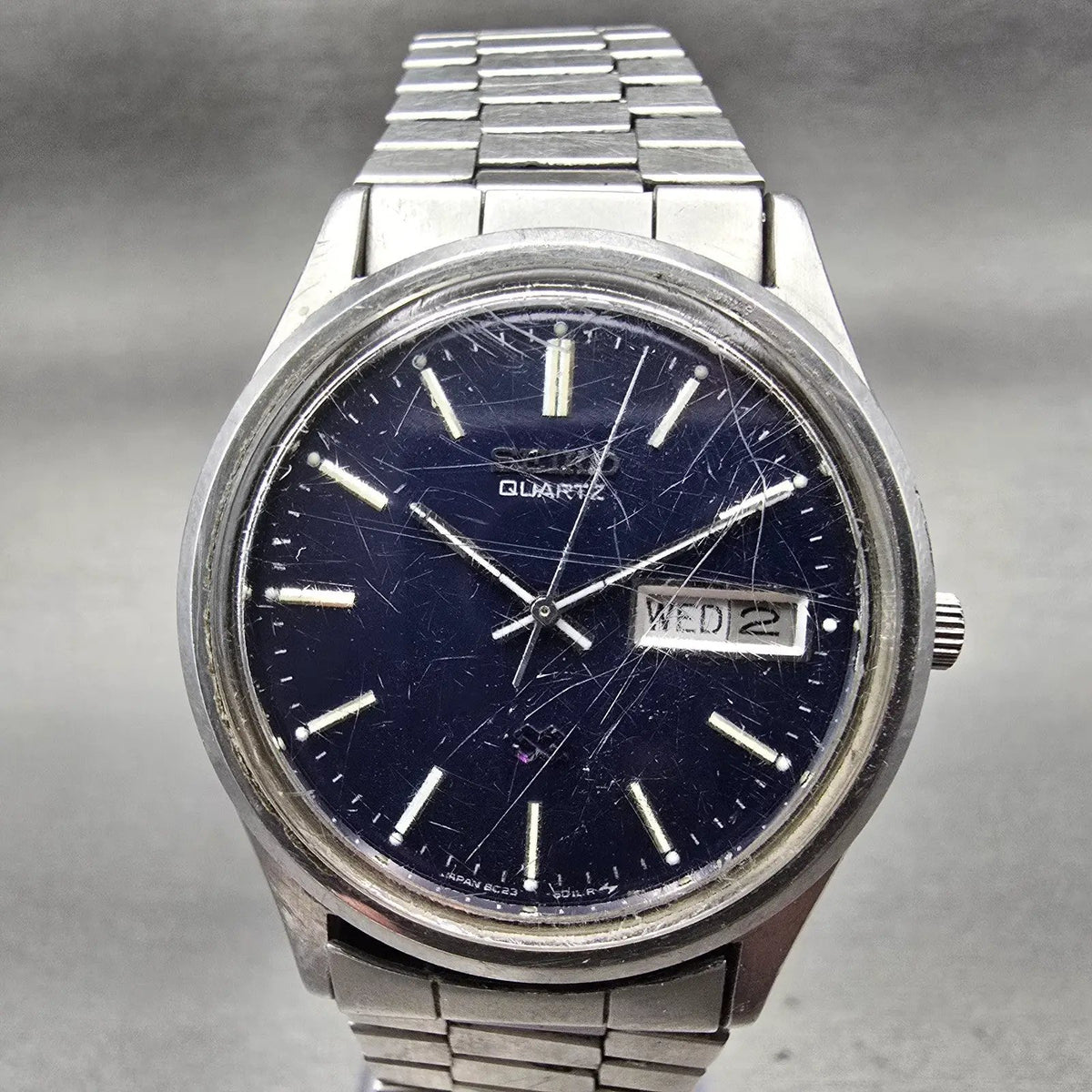 Seiko SQ Watch Men 34mm Blue Dial Silver Tone Daydate Round 8C23-6010 New Batt1