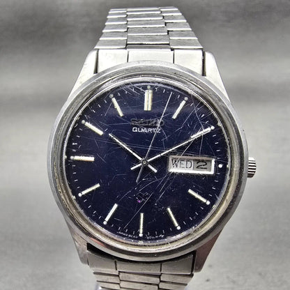 Seiko SQ Watch Men 34mm Blue Dial Silver Tone Daydate Round 8C23-6010 New Batt1