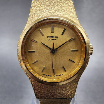 Seiko Watch Women 20mm Gold Dial Gold Tone Round 8Y210029 New Battery VTG1