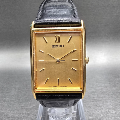 Seiko Tank Watch Men 24mm Gold Dial Gold Tone Rectangle V701-5E10 New Battery0